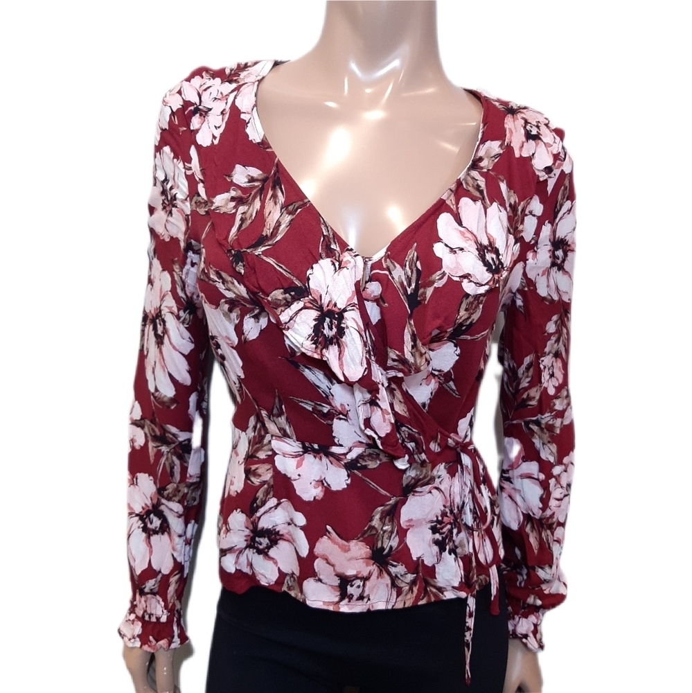 JACK By BB Dakota Thats A Wrap Ruffled Floral Top Burgundy Long Sleeve Vneck